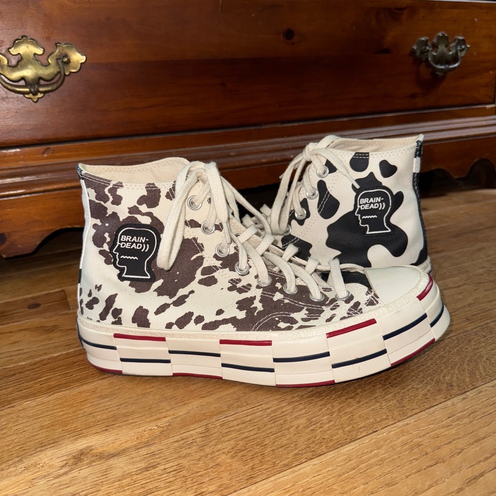 Brain Dead Cream and Brown Cow Print High-Tops